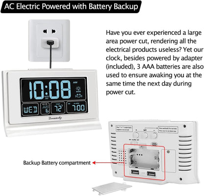 DreamSky Alarm Clocks for Bedrooms with Battery Backup, Auto Set Digital Clock with Date and Day of Week, 5 Inch Large Display with Weekday Temperature, USB Ports, Auto DST, Brightness Dimmer, 12/24H