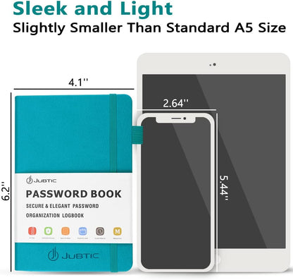 JUBTIC Password Book with Alphabetical Tabs. Medium Size Password Keeper Logbook for Internet Log in, Website Address. Hardcover Password Journal Notebook & Organizer for Home Office, Turquoise