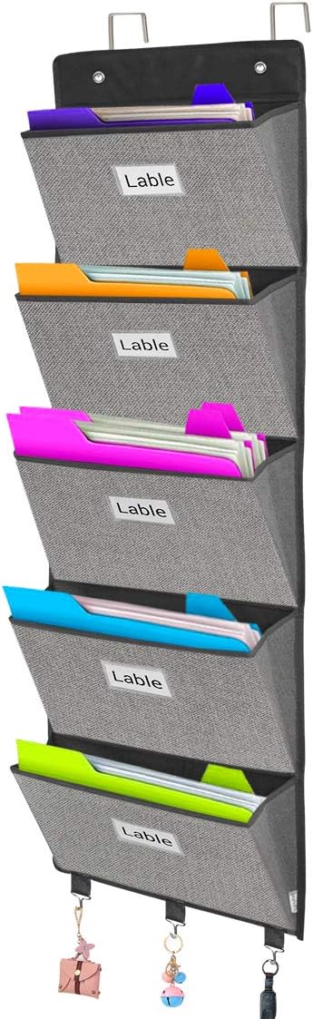 homyfort Over the Door File Organizer, Wall Hanging File Folders with 5 Large Pocket for Mails, Magazines, Back to School Supplies,Office Chart Storage, Paper Organization (Grey)