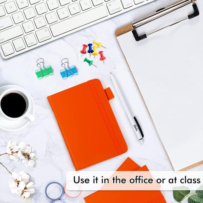 feela 15 Pack Pocket Small Notebooks Bulk, Mini Cute Notepads Hardcover College Ruled Lined Journals with Pen Holder for School Business Memos, with 15 Black Pens, 3.5”x 5.5”, A6, Orange