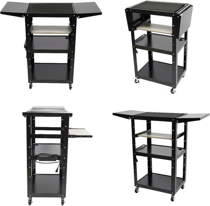 Black Steel AV Cart with Wheels & Power Strip Height Adjustable Rolling Computer Cart w/Folding Drop Leaves Media Cart Projector Cart, 300 LBs, 24 * 18 * 41.75in