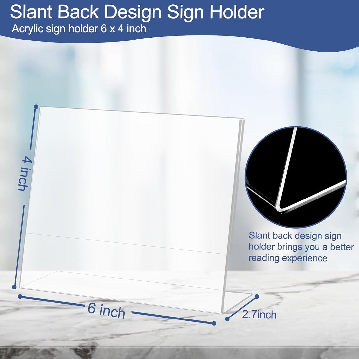 Slanted Back Acrylic Sign Holder 6 x 4, Acrylic Stands for Display Frame, Clear Plastic Tabletop Paper Sign Holder for Office, Home, Restaurant (6 Pack 6x4 Inches)