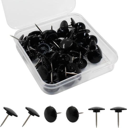 Piutouyar 50 Pcs Black Push Pins, Plastic Thumb Tacks for Wall Hanging, Flat Head and Steel Point Push Pins Wall Tacks Thumbtacks for Furniture Cork Board DIY Projects or Home Decor