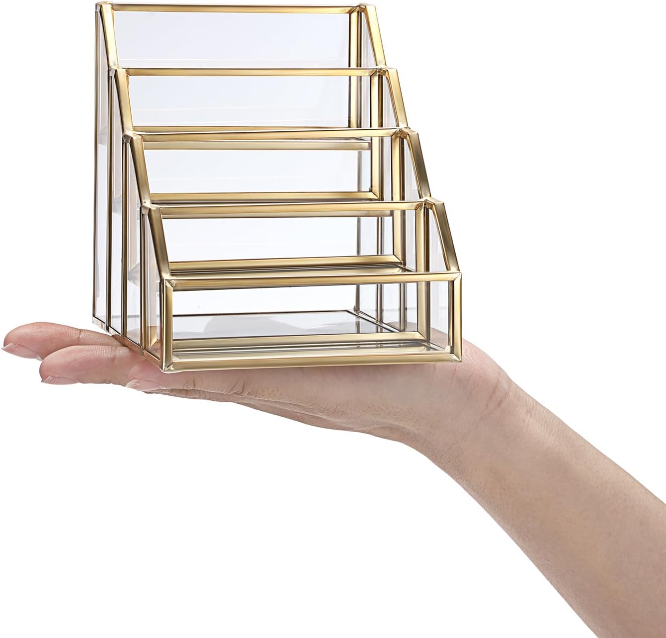 Hipiwe 4 Slots Glass Business Card Holder for Desktop, Gold Mirrored Business Card Display Stand, Multiple Clear Business Name Card Organizer Holder for Office Exhibition