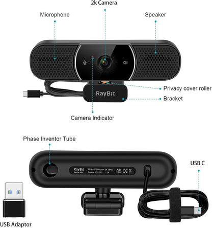 3 in 1 Webcam - 2K HD USB C Webcam with Microphone and Speaker, Stereo Sound & Noise-Cancelling Mics, Privacy Cover, Light Correction, Autofocus Conference Web Camera for Computer/Laptop/PC/Monitor