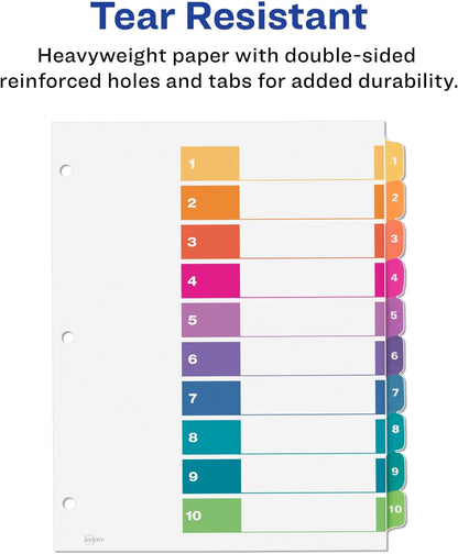 Avery 10 Tab Dividers for 3 Ring Binders, Customizable Table of Contents, Multicolor Tabs, 24 Sets (11169)
