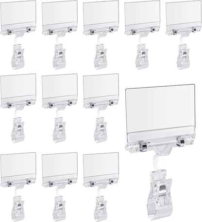 Biaungdo 12 Pcs Rotating Clip Swivel Sign Holder, Clear Rotatable Sign Holder with Double Clip Design, PVC Card Protector for Shelves, Store, Business, Exhibition