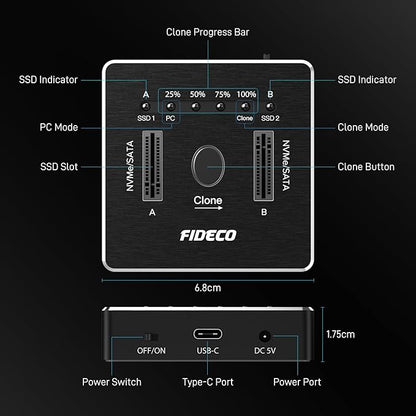 FIDECO M.2 NVMe SATA SSD Cloner Dock, USB 3.2 Gen 2 X 2, 20Gbps Dual NVMe SATA SSD Enclosure, M.2 Duplicator Cloner, Support Offline Clone, UASP and Trim, Aluminum Design