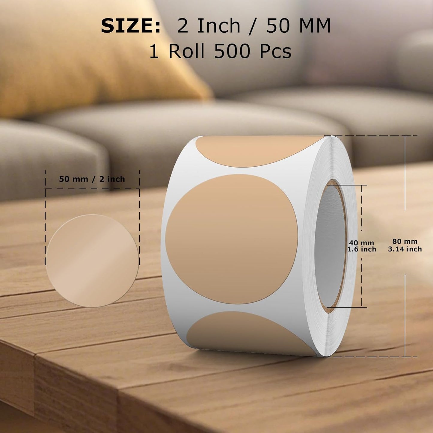 500 PCS Circle Dots Stickers 2 Inch Vinyl Kraft Round Labels Removable Waterproof Color Coding Sticker Roll for Office Inventory Garage Yard Sale Tag