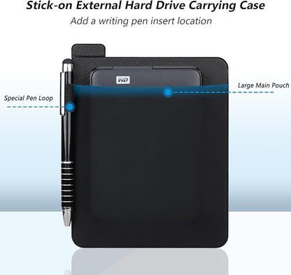 Lacdo Portable External Hard Drive Sleeve for Laptop, Stick on Pouch Holder with Reusable Adhesive, Fit 2.5" Seagate, WD, Toshiba, LaCie External HDD, SSD, Wireless Mouse, Cables, with Pen Loop, Black