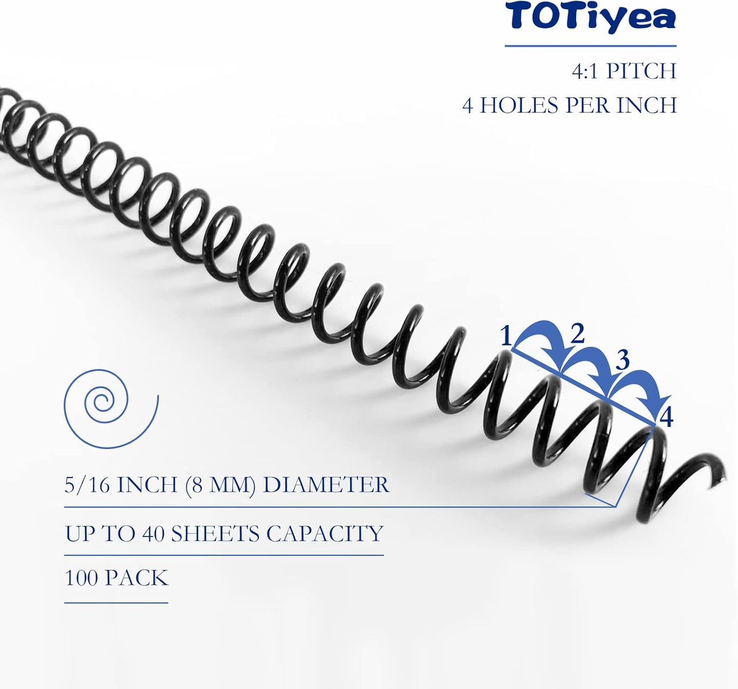 TOTiyea 100 Pack Plastic Spiral Binding Coils,8mm(5/16") Binding Spirals,40 Sheet Capacity,4:1 Pitch, Black