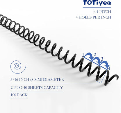 TOTiyea 100 Pack Plastic Spiral Binding Coils,8mm(5/16") Binding Spirals,40 Sheet Capacity,4:1 Pitch, Black