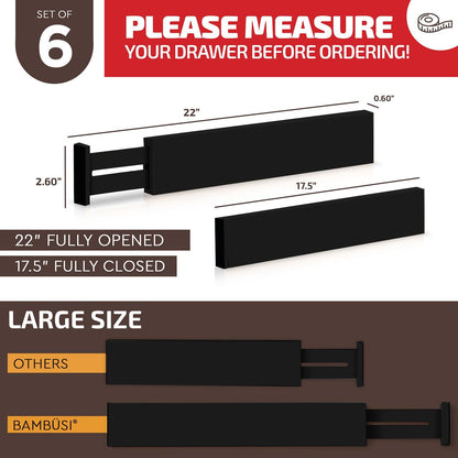 Large Kitchen Drawer Organizer - Expandable Bamboo Drawer Dividers (17" - 21.5") - Adjustable Separators for Kitchen, Clothes, Dresser, Bedroom, Bathroom, and Desk Drawers - 6-Pack (Black)