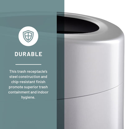 Safco Open Top Trash Can, 30 Gallon Stainless Steel Modern Garbage Can for Indoor Use, Silver