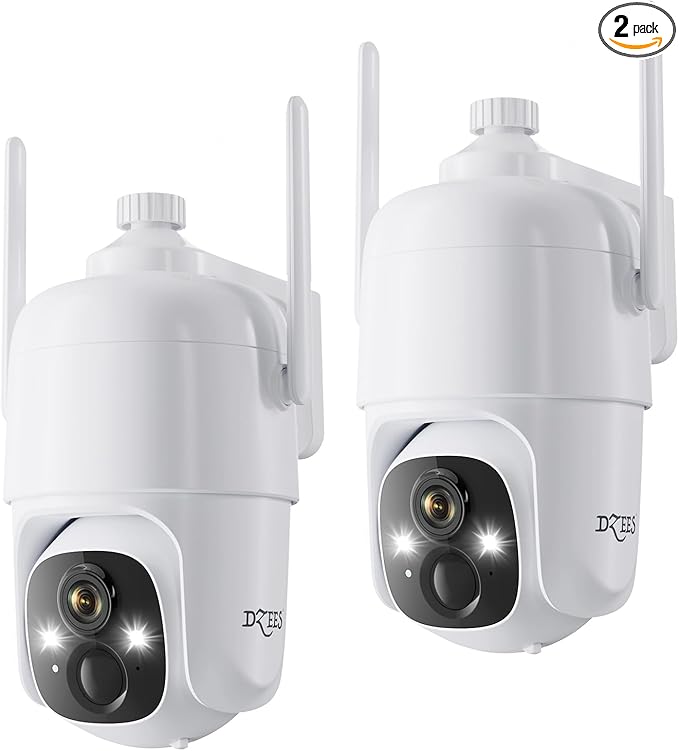 Dzees 360° PTZ Security Cameras Wireless Outdoor WiFi, 2K Battery Powered Home Security Camera Indoor, Spotlight & Siren, Color Night Vision, 2-Way Talk, AI Motion Detection, IP66 2-Pack