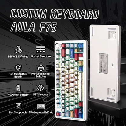 x Aula F75 Mechanical Keyboard, Wireless RGB Backlit Gaming Keyboard w/Knob, 81 Keys Compact Gasket Mount Pre-lubed Hot-Swap Reaper Switches, Bluetooth/2.4GHz/Type-C, Creamy Sounding Manga Keycaps