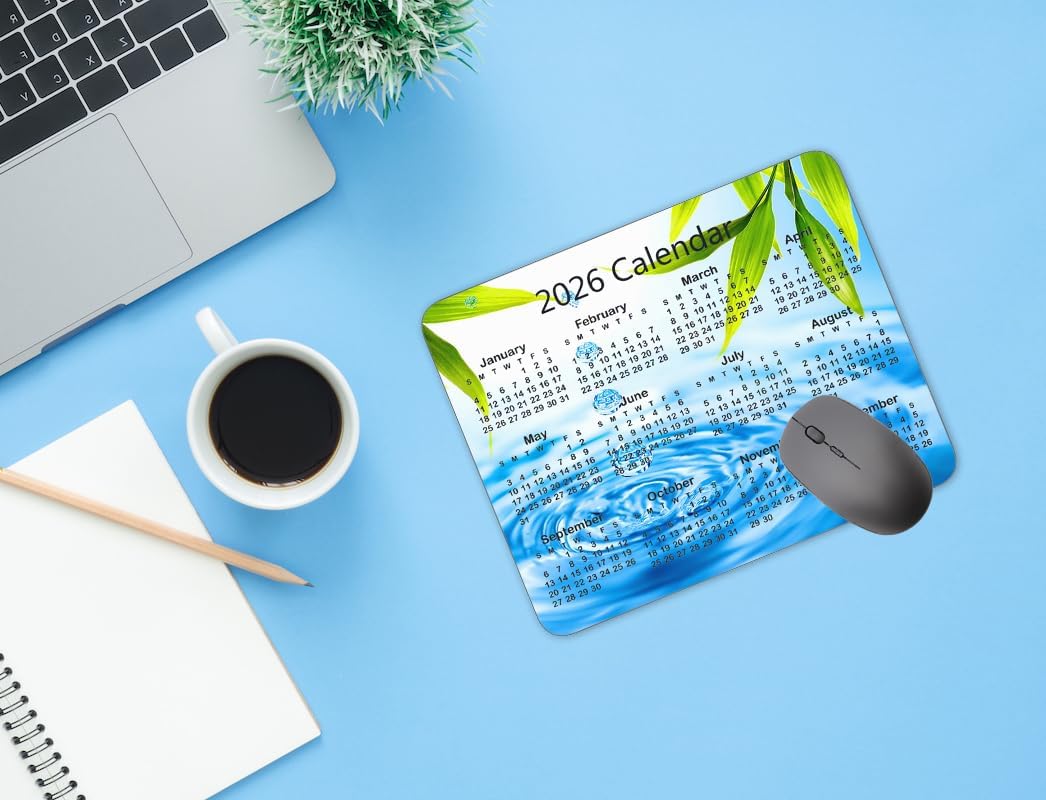 Calendar Mouse pad, 2026 Water Drop Background Calendar Natural Rubber Mouse Pad, Quality Creative Gaming Rectangle Mouse Personalized Desk Mouse Pad 9.5 inch x 7.9 inch