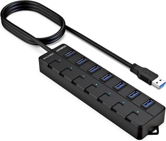 USB hub,7 Port USB 3.0 Hub,VEMONT USB Splitter with Individual On/Off Switches and Lights, 4ft/1.2m USB HUB Long Cable, USB Extension for Laptop and PC Computer