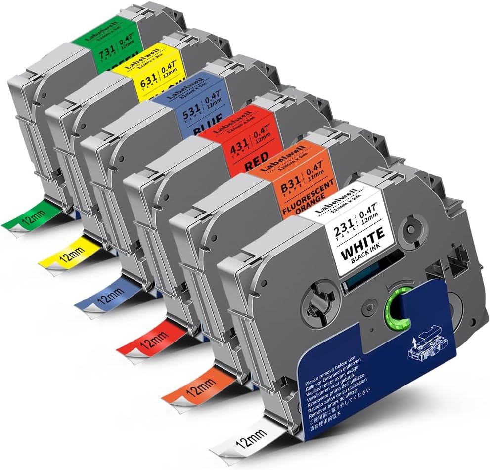 6-Pack TZ Tape 12mm 0.47 Laminated Compatible for P Touch Label Tape TZ TZe-B31 231 131 431 531 631 TZe231 for PTouch PT-H110 D210 D220 H103W, Flu.Orange/White/Red/Blue/Yellow/Green