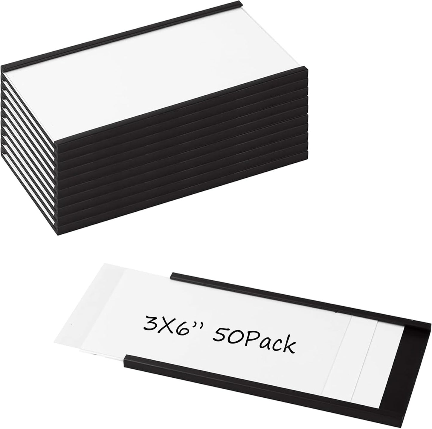Realth C Channel Magnetic Label Holders 50 Pack 3'' x 6'' with Paper Inserts and Clear Plastic Protectors, Magnetic Data Card Holders File Cabinet Labels for Metal Racks and Shelves