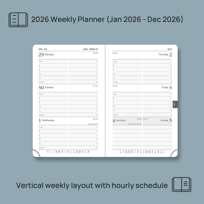 POPRUN 2026 Planner (Pocket Size 4''x 6.25'' Hardcover) - Small Calendar for Purse with Hourly Schedule & Vertical Weekly Layout, Monthly Calendars, 100 GSM - Light Pink