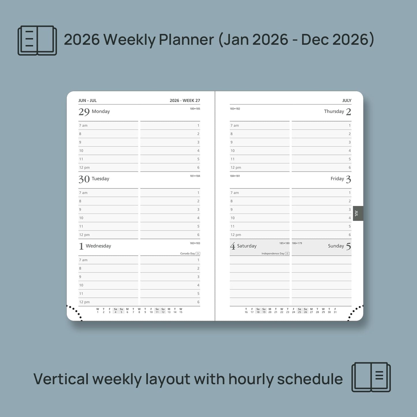 POPRUN 2026 Planner (Pocket Size 4''x 6.25'' Hardcover) - Small Calendar for Purse with Hourly Schedule & Vertical Weekly Layout, Monthly Calendars, 100 GSM - Haze Blue