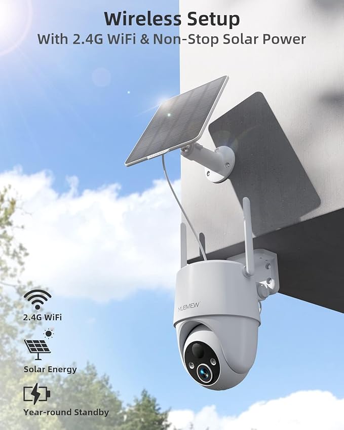 MUBVIEW Solar Security Cameras Wireless Outdoor, 2K 360° PTZ Battery Powered Outdoor Camera, 2.4Ghz WiFi Home Security Camera, Color Night Vision, Motion Detection, 2-Way Audio, Local/Cloud Storage