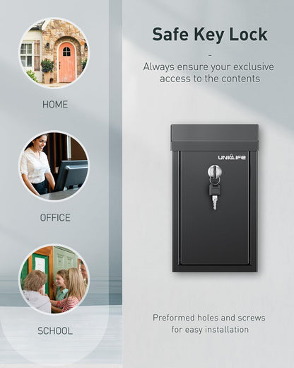 Uniclife Black Metal Donation Box Wall Mounted Mailbox with Top Slot, Collection Box with Key Lock, Safe Suggestion Box, Key Drop Box for Outside, Steel Cash Drop Box for Home Office and Business