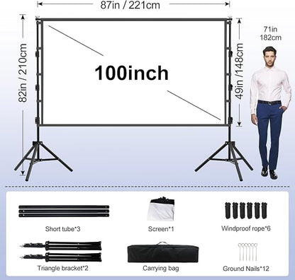 100 inch Projector Screen with Stand,HUANYINGBJB Indoor Projection Screen, Portable 16:9 4K HD Rear Front Movie Screen with Carry Bag for Theater Backyard Movie Night,Cinema School, Churches