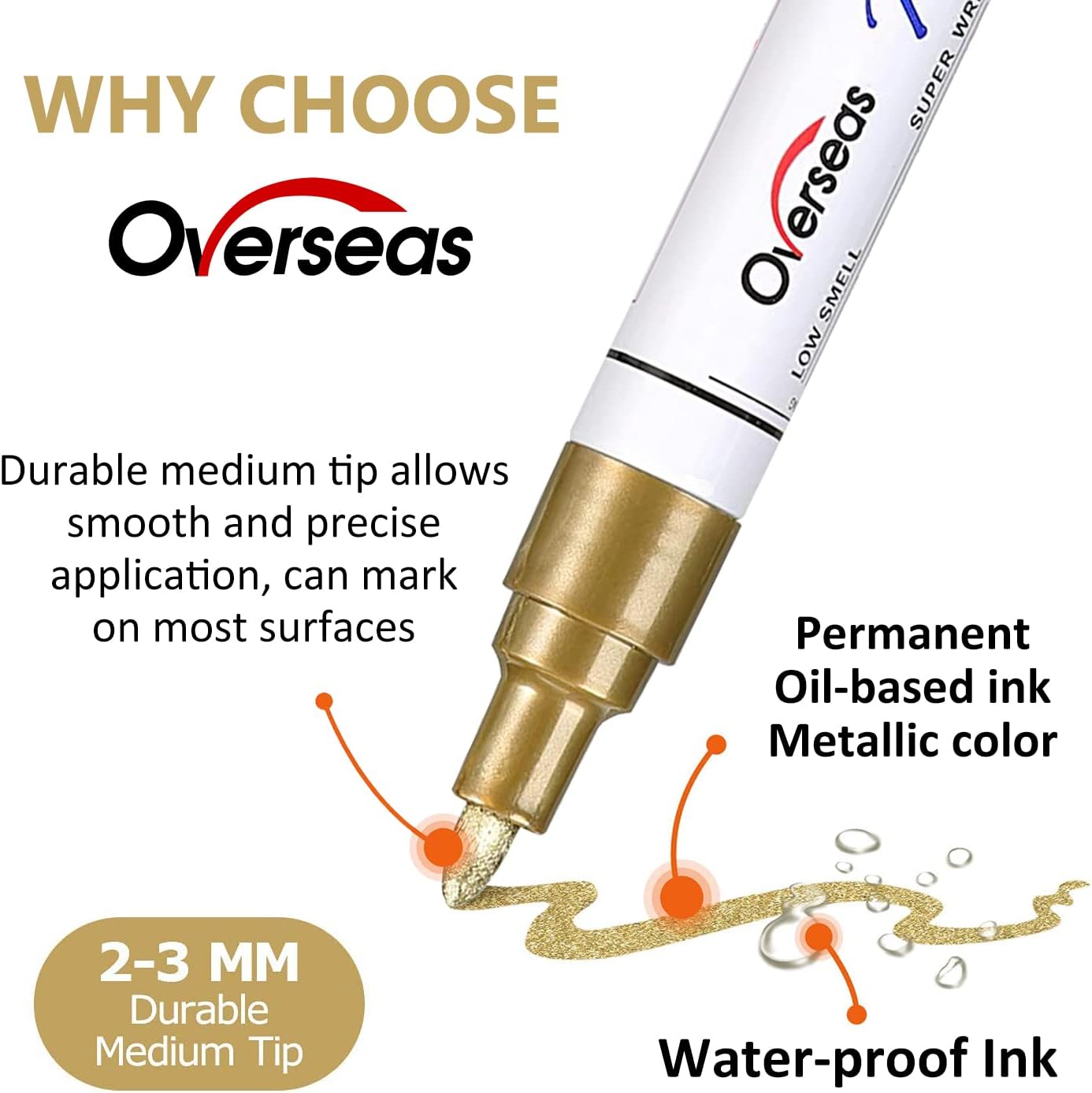 Overseas Permanent Paint Pens Silver Markers - 2 Pack Metallic Oil Based Paint Markers, Medium Tip, Quick Drying and Waterproof Marker Pen for Metal, Rock Painting, Wood, Plastic, Canvas, Mugs