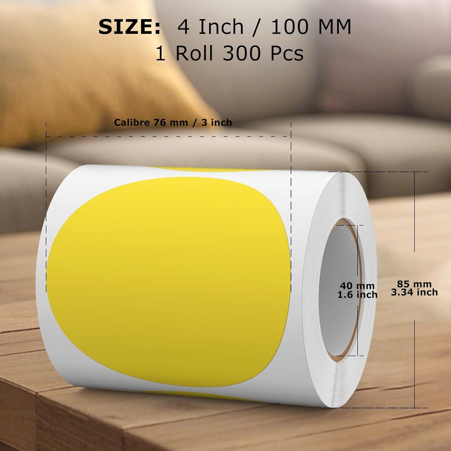 300 PCS Circle Stickers 4 Inch Yellow Vinyl Floor Dots Sticker Removable Self-Adhesive Colored Large Round Label Roll for Marking Inventory Organizing Classroom Line Up Spots
