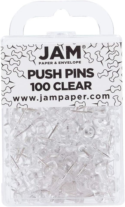 JAM PAPER Colorful Push Pins - Clear PushPins - 100/Pack