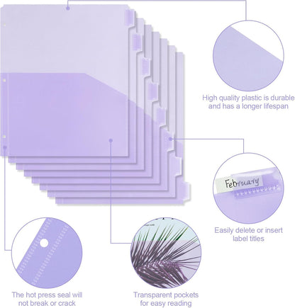 Koqye A4 Dividers for 3 Ring Binder, 8-Tab Purple Folder Dividers with Pockets, Durable Plastic Binder Dividers with Tabs, Plastic Binder Dividers for Binders (Purple - 1 Set)