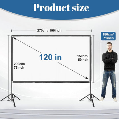 Outdoor Projector Screen with Stand, Qoolfoto 120 Inch Portable Projector Screen, Indoor Outdoor Projection Screen 16:9 4K HD Wrinkle-Free Movie Screen with Carry Bag for Backyard Movies Home Theater