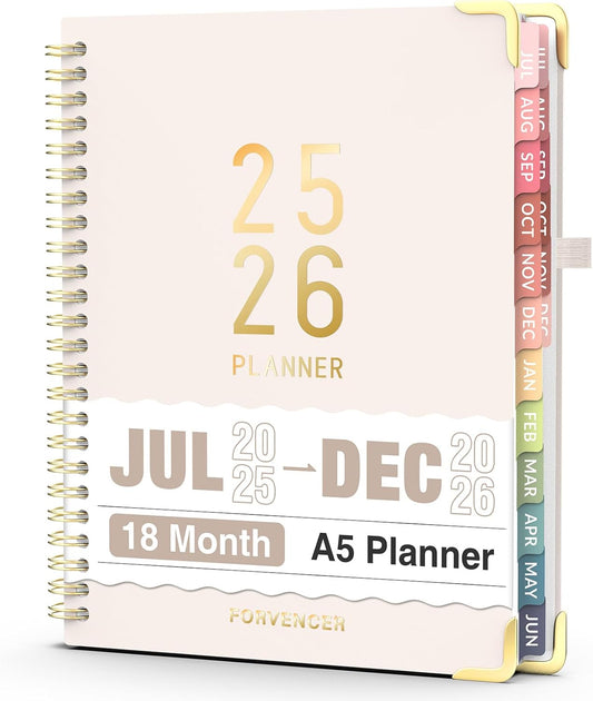 Jul 2025 - Dec 2026 Planner, Forvencer Academic Planner 2025-2026, 18 Month Daily Planner, 6" x 8", Weekly & Monthly Agenda Book, Hardcover Calendar Book, School Supplies for Student Teacher, Beige
