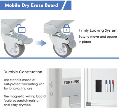 FORTUNO Large Magnetic Mobile Whiteboard 96"x48", Rolling Double Sided Stand Whiteboard on Wheels, Reversible Adjustable Height/Angle Dry Erase Board 8' x 4' Easel White Board for Office Classroom