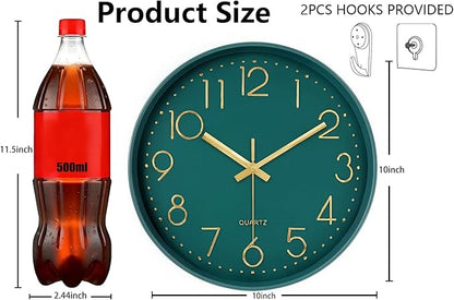 Wall Clock, Silent Wall Clocks Battery Operated 10 Inch- Modern Non Ticking Analog Clock with Large Numerals Tempered Glass Clocks for Bedroom Living Room Kitchen Office Decor, Dark Green