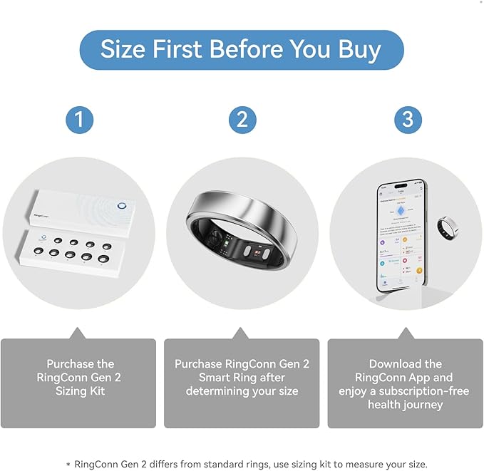 RingConn Gen 2, World’s First Smart Ring with Sleep Apnea Monitoring, No APP Subscription, 12-Day Battery Life, Stress/Heart Rate/Women's Health Tracker, Android & iOS Compatible (Silver, Size 7)