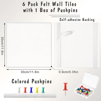 Large Cork Board 36" x 24", 6 Pack Felt Wall Tiles with Colored Pushpins, Bulletin Board with Removable Self-Adhesive Strips, Pin Boards Cork Boards for Walls Office Home School-White