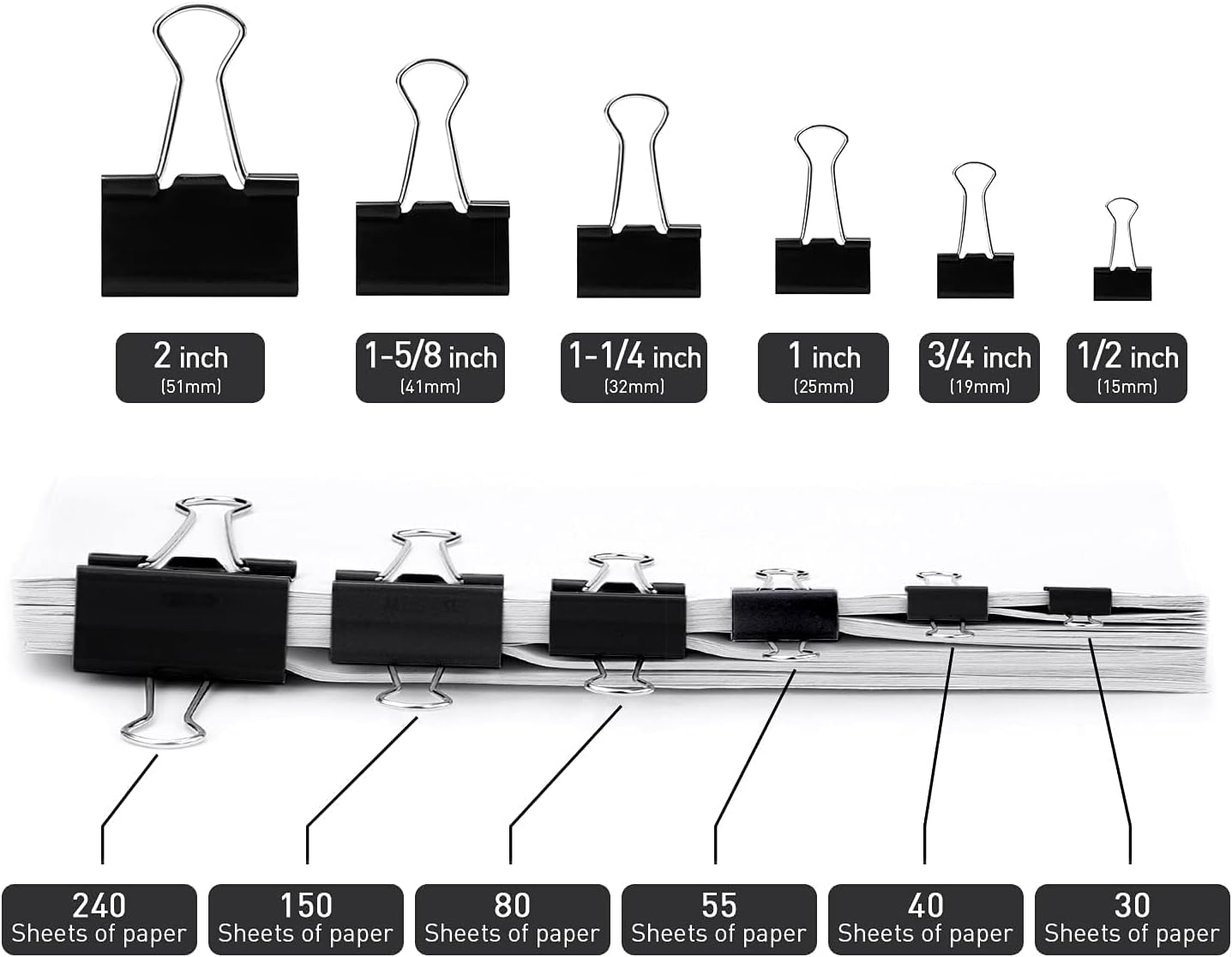 Extra Large Binder Clips, 12 Pack, 2.4 Inch, Standard 60mm, Black, Jumbo Paper Clips, Fold Clamp, Office and School Supplies, with Storage Container