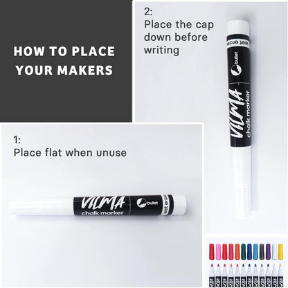 VILMA White Liquid Chalk Markers 36 Pack Chalk Pens for Blackboard, Chalkboard, Windows, Glass, LED Board, Bistro Signs – Erasable Water-Based Ink Ideal for Teachers, Artists & DIY Projects