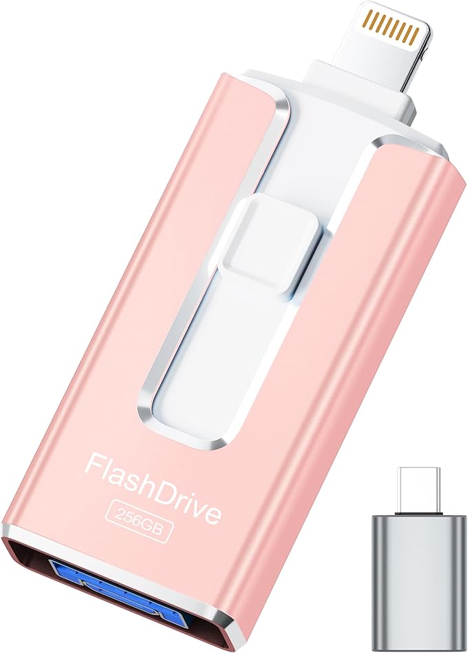 MFi Certified 256GB Flash Drive for iPhone iPad, Photo Stick for External Memory Storage, Easily Back Up and Save Photos Videos, 4 in 1 Memory Stick Thumb Drive for iPhone/iPad/Android/PC (Light Pink)