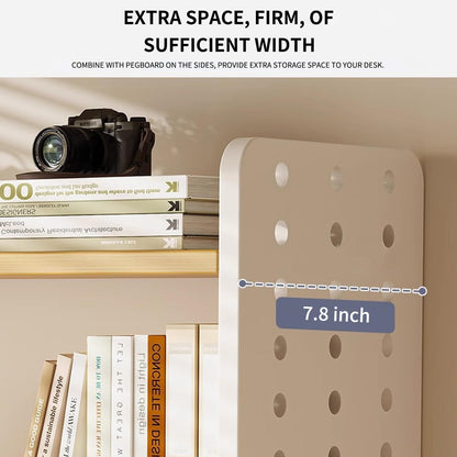 Wood Desk Shelf Organizer, 2 Tier Desktop Bookshelf for Home and Office Supply, Wooden Desktop Organizer with Pegboard Design, Adjustable Display Shelf for Computer Desk