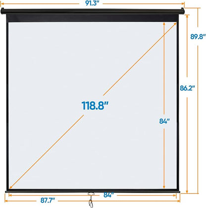 Smartxchoices 120" HD Manual Projector Screen 1:1 Format with Auto Lock Anti-Crease Home Theater Office Wall Mounted Ceiling Pull Down Projection 1.1 Gain Matte Black,View Size: 84 x 84 inches