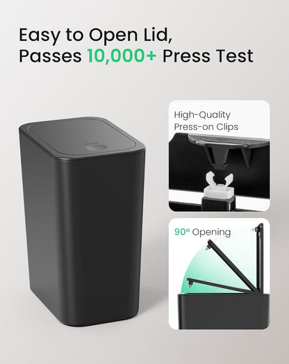 Cesun Bathroom Trash Can with Lid, 2 Pack 2.6 Gallon Small Black Garbage Can, Press Top Lid Trash Bin, Dog Proof Trash Cans Plastic Waste Basket for Bedroom Toilet Office