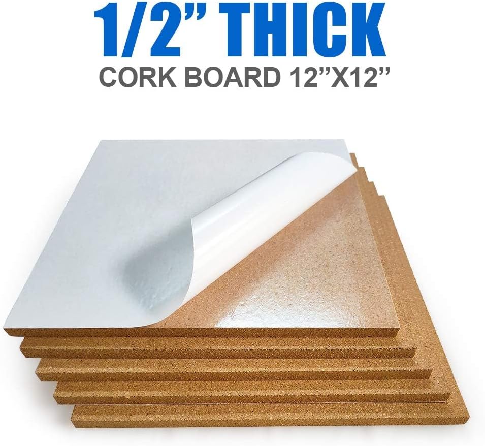 Corksidol Cork Tiles 12"x12" - 1/2" Thick -Bulletin Board-Cork Board- Ultra Strong Self Adhesive Backing for Floor/Wall/DIY-5 Pack