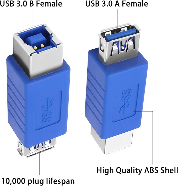 MEIRIYFA USB A to USB 3.0 B Printer Adapter, USB 3.0 Type-B to USB3.0 Type-A Female Adapter Converter 5Gbps for Printer, Scanner, External Hard Drive, Laptops - Blue, 2PCS (USB-B Female)