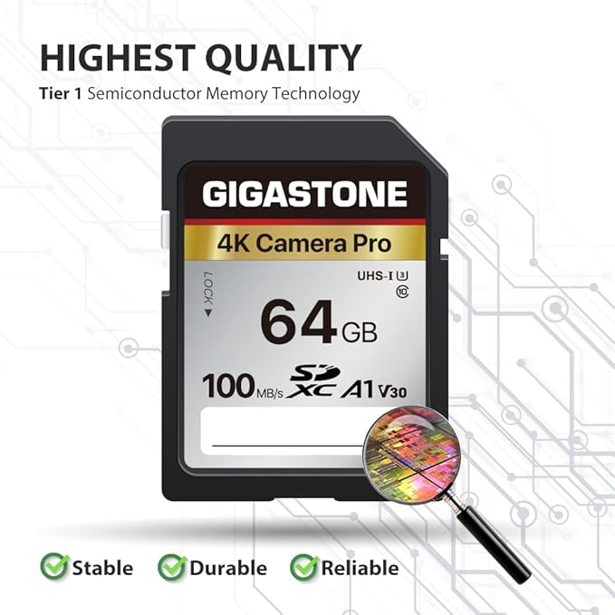 【5-Years Data Recovery】 GIGASTONE 64GB SD Card, 4K Camera Pro, A1 V30 SDXC Memory Card 4K UHD Video Compatible with Canon Digital Camera, with 1 Mini Cases