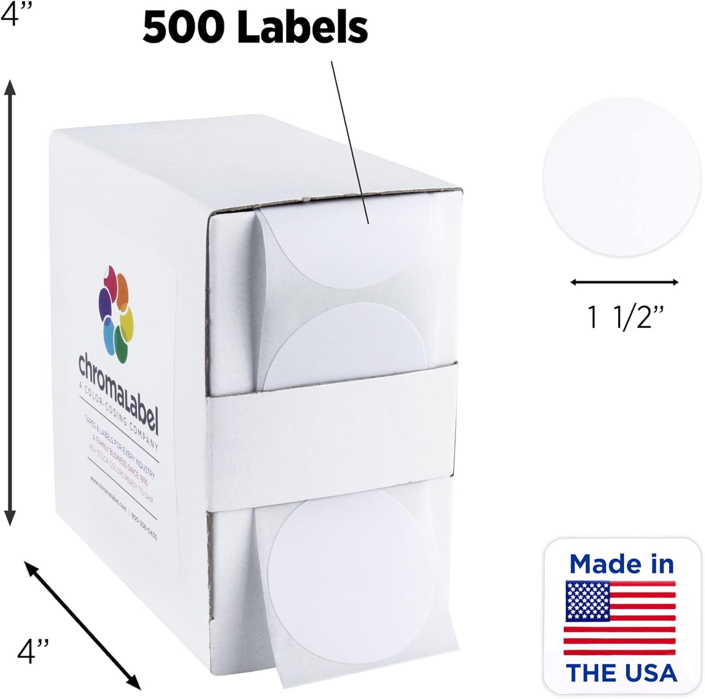 ChromaLabel 1.50 Inch Round Label Permanent Color Code Dot Stickers, 500 Labels per Dispenser Box, White