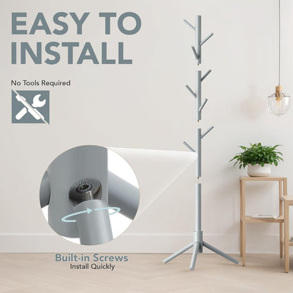 Wooden Tree Coat Rack Stand,Sturdy Freestanding Coat Rack with 8 Hooks,3 Adjustable Height for Child Adult,Wood Coat Stand Tree Fits Entryway Bedroom Office for Bags,Hats